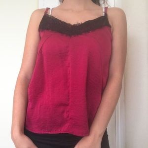 Red satin tank top with black lace